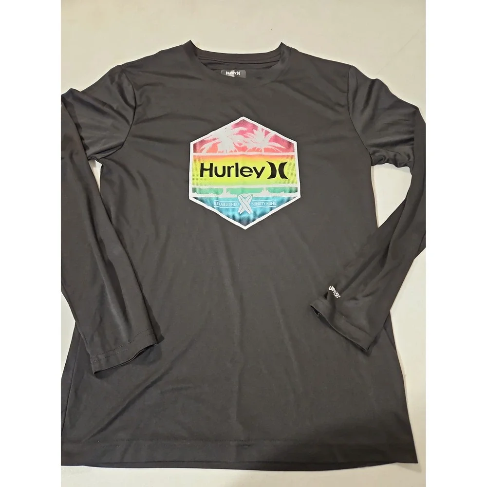 Hurley Swim Shirt Youth Size 14/16 Black UPF 50+ Neon Graphic Swimwear Logo(190